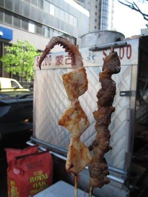 Squid kebab and lamb kebab