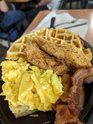 Yumalicious eggs, chicken,bacon and waffles.enough to take home for tomorrow