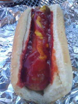 Jumbo Dog w/ ketchup, mustard, and tabasco!