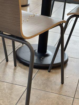 Crumbs on table, chairs, and floor.