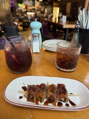 Bacon wrapped dates; Negroni and red sangria