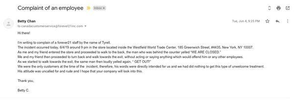 An email sent to forever21 corporate to glorify the WONDERFUL experience I had at this location :)