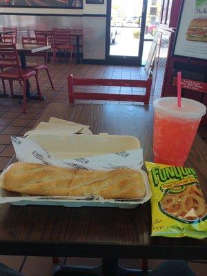 New York Steamer sandwich, Funyuns, and a large Raspberry Peach Mello Yello.