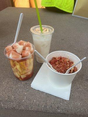 Horchata, fresh fruit (3 fruits I chose), and a corn cup.