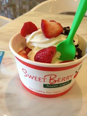 Almond pistachio frozen yogurt with strawberries and dark chocolate chips.