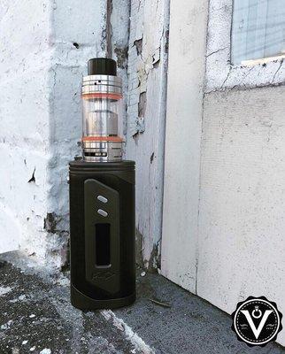 The IPV6 is a dual 18650 200 watt box mod that has temperature control and houses a YiHi chipset. Pictured with the TFV8 tank.