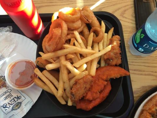 Appetizer sampler - fries, onion rings, buffalo chicken tenders, mozzarella sticks and jalapeno poppers