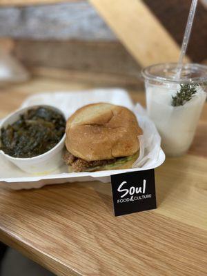 Collard greens, crispy sandwich, and frozen lemonade.