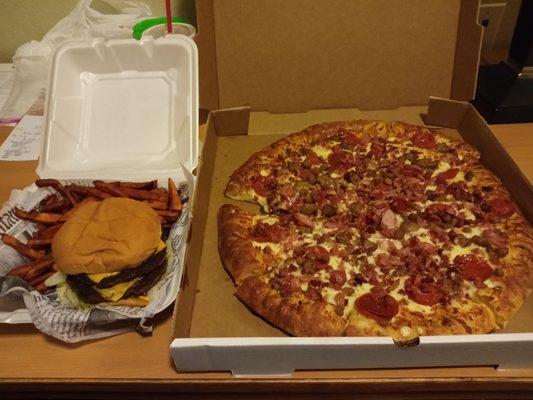 Double Bacon cheeseburger, sweet potato fries, and and stuffed crusted all meat large pizza