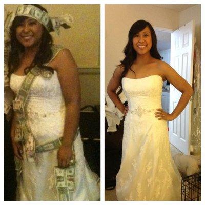 My first 90 day challenge. 160 lbs to 129 lbs. my wedding dress fit better after I lost weight