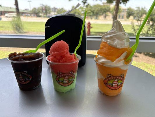 Root beer ice, strawberry/sour apple ice, and orange ice with vanilla ice cream