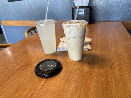 Waiting for lunch, YUM! Starting with lemonade and an Iced White Mocha.