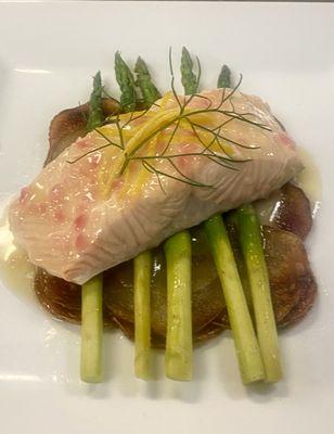 Poached Salmon, Lemon Butter Sauce, Asparagus, Pommes Anna (Private Chef Services)