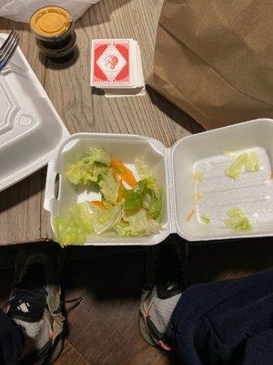 didn't touch yet, here's my salad how it came. 3 pieces of lettuce and a carrot.