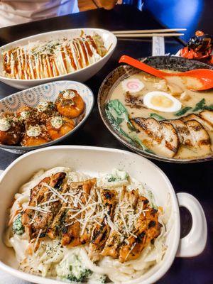 Chicken cream udon. Takoyaki. Ramen. And omusoba