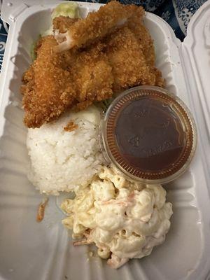 Crispy Chicken Katsu, rice and macaroni salad.