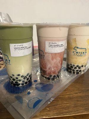 Matcha Milk Tea, Strawberry Milk Tea, & Mango Milk Tea