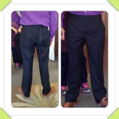 Altered suit pants (left- 3 alteration waist, inseam, leg; right - difference after pinning