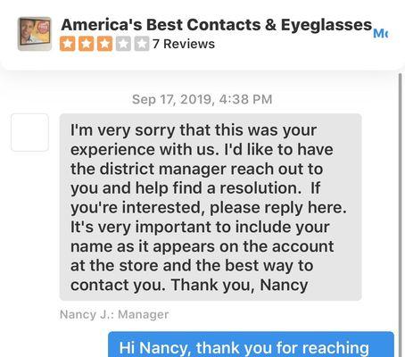 Response to my post about less than stellar customer service at America's Best.  sounds good, but they never followed through:/