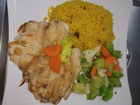 Tilapia yellow rice steam veggies