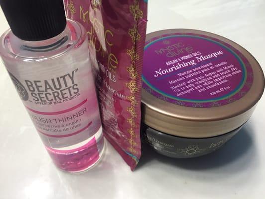 Nail polish thinner and my free hair masque for renewing my Beauty Club Card