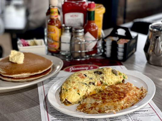 Tasty omelet and pancakes.