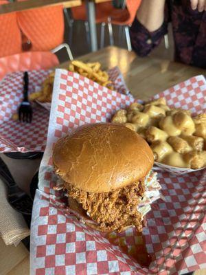 Nashville Hot Chicken sandwich, cheesy tots, and curly fries