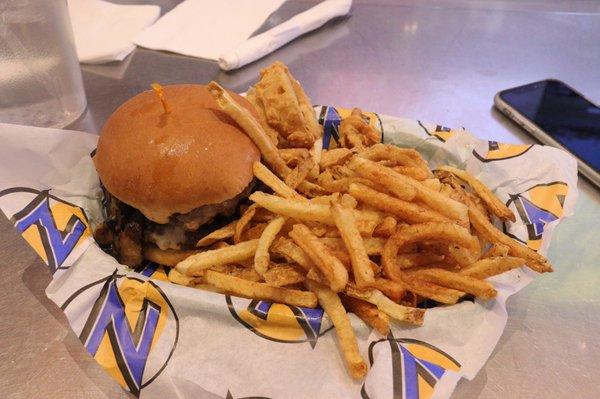 Mushroom Swiss Burger, Half and Half order of Fries and Onion Rings