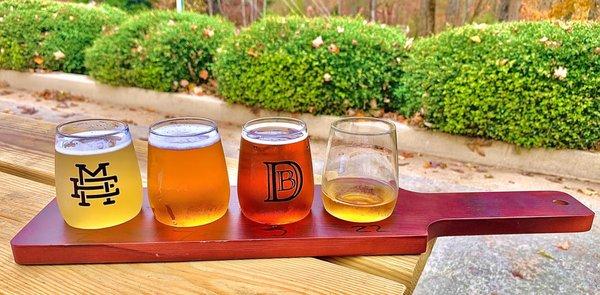 Flight of "yummy" beer and strawberry rhubarb wine