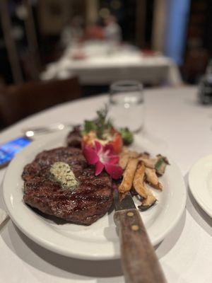 Rib eye with trumpet mushrooms