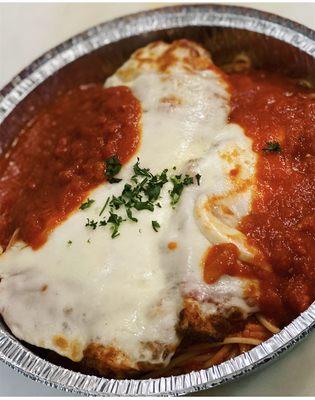 Chicken Parmigiana over Spaghetti