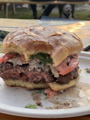 The best burger with blue cheese and a perfect medium rare...