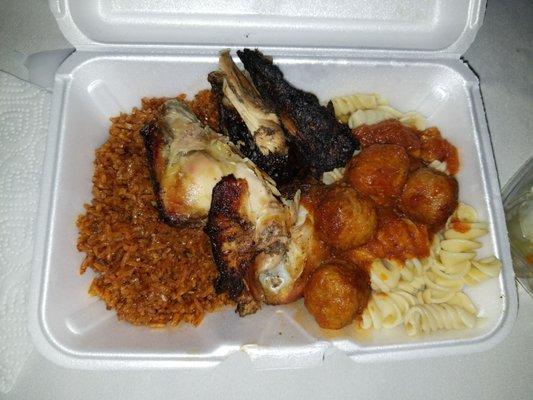 Jerk Chicken, Rice, Meatballs and Pasta