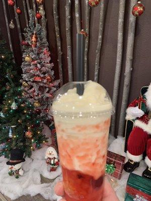 Pina Colada Slushy with fresh strawberries with Passion fruit and Strawberry popping pearls