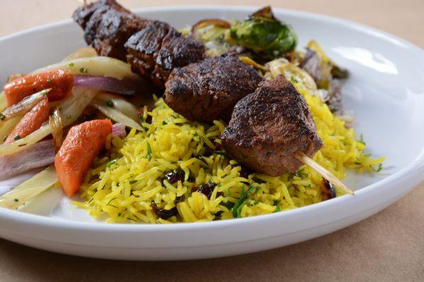 Beef Skewer Plate - Turmeric Rice and Roasted Vegetables