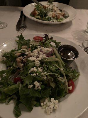 House salad with vinaigrette and crumbled blue and Caesar salad excellent.