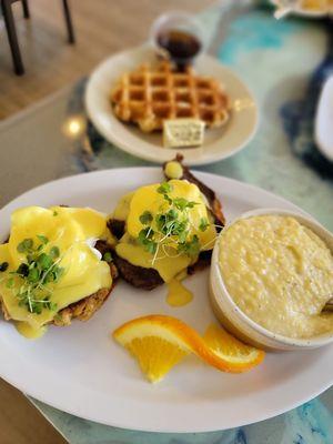 Surf and Turf Benny with Side of Cheesy Grits (Crab Cake and Steak)