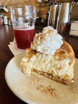 The Triple B sour and a peach cobbler cheesecake. Their menu for desserts and beer change often.