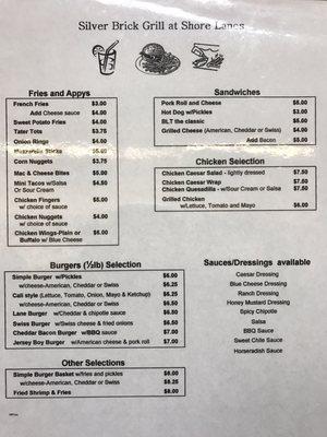 Snack bar menu as of November 2016. We got burgers, fries, and mini tacos. Food was good.