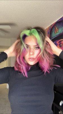 Purple/pink undercut with green bangs