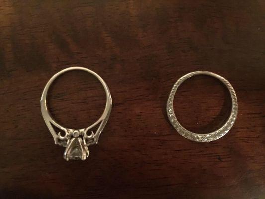 My lob-sided rings after getting them resized here. They told me that the rings were already lob-sided to begin with.