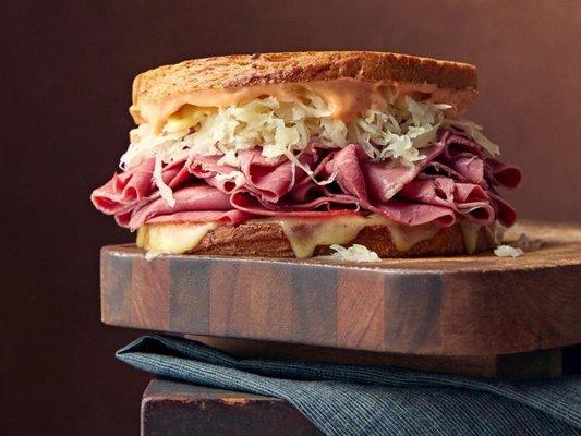 Classic NYC SUBS Reuben Sandwich made with Boar's Head 1st Cut Pastrami Brisket, Gold Label Imported Swiss Cheese on rye toast.