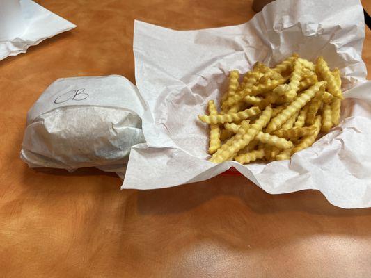 My burger and crinkle cut fries