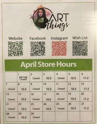 Art Things April 2024 hours, business/social links and link to product wishlist.