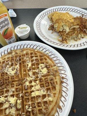 Peanut Butter Pancake W/ Hashbrowns Covered and OJ