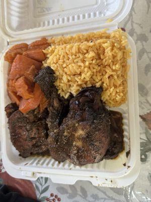 Jerk Chicken Platter Yellow Rice Candied yams