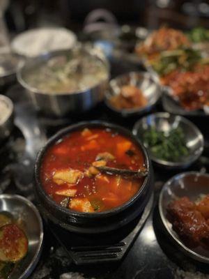 Soft tofu stew with seafood and veggies