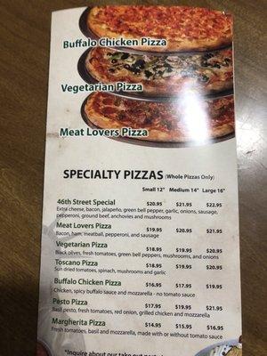 Menu specialty pizzas