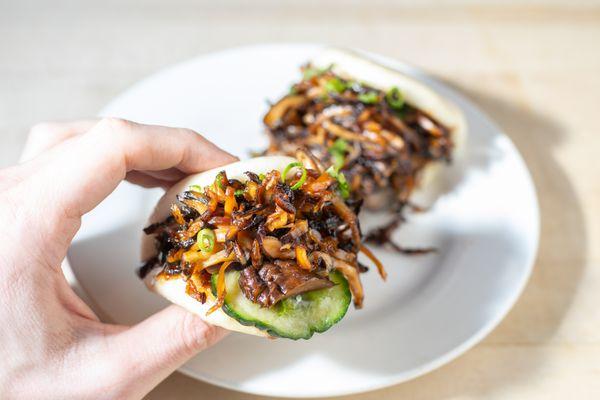 Caramelized Shiitake Buns with hoisin and cucumber.