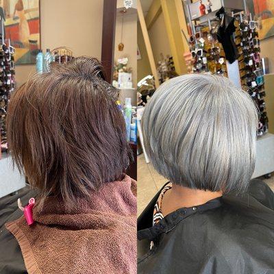 Before and after hair/ color correction/ one session / silver blonde hair